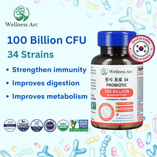 Wellness Arc Singapore Probiotics 100 Billion CFU / 34 Strains with L. Acidophilus + Prebiotic Make in Korea