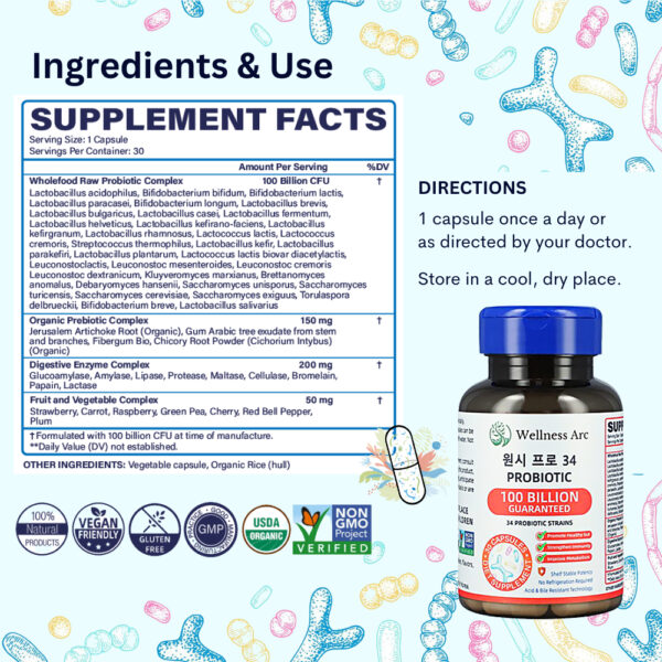 Wellness Arc Singapore Probiotics 100 Billion CFU / 34 Strains with L. Acidophilus + Prebiotic Make in Korea